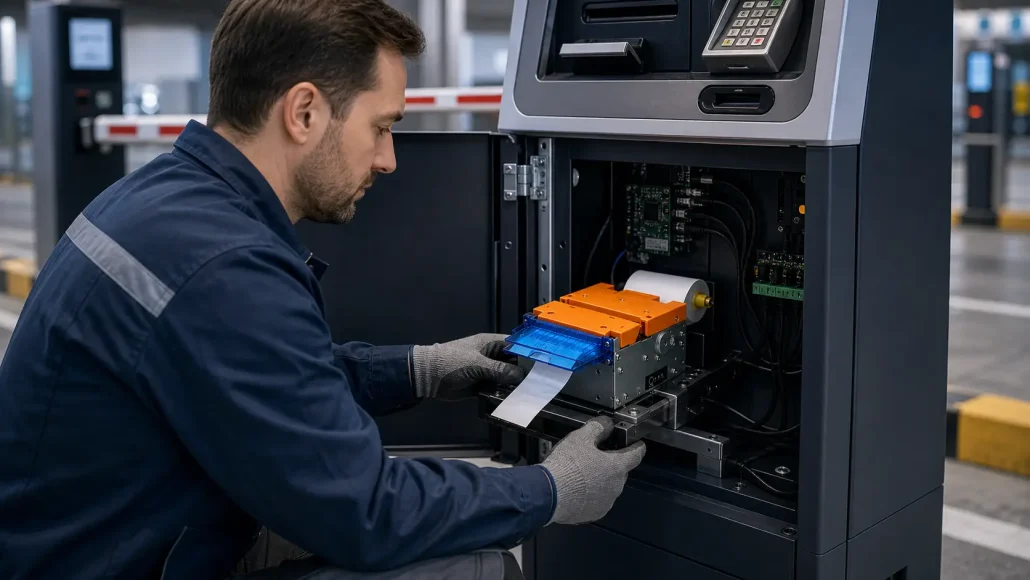 Technician maintaining parking kiosk printer module inside self-service ticketing machine