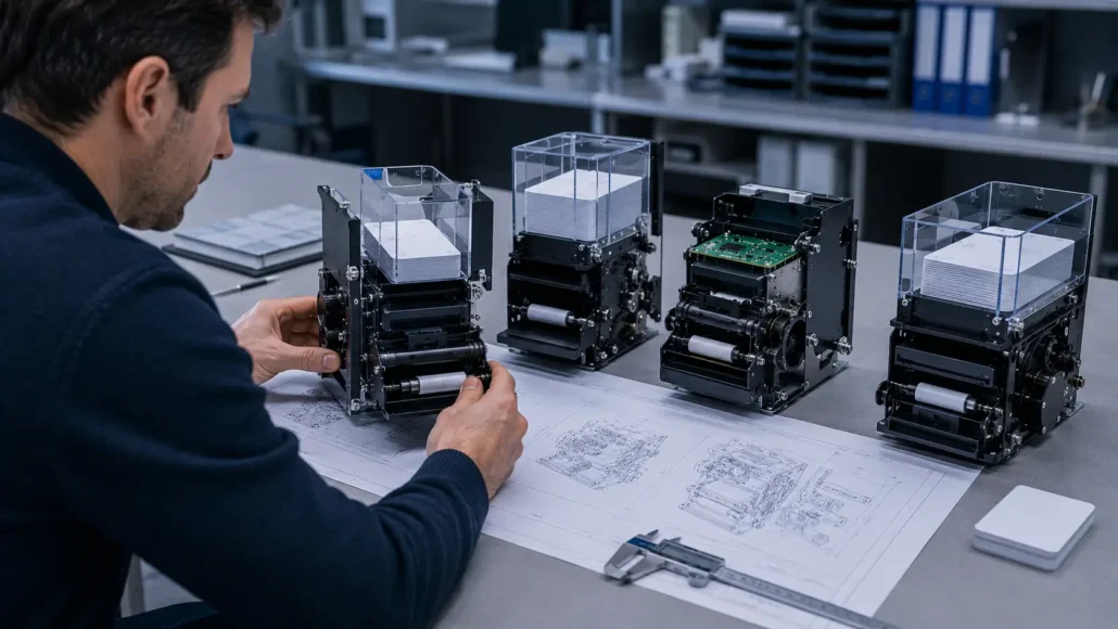Engineer comparing modular card dispenser configurations for an access control kiosk