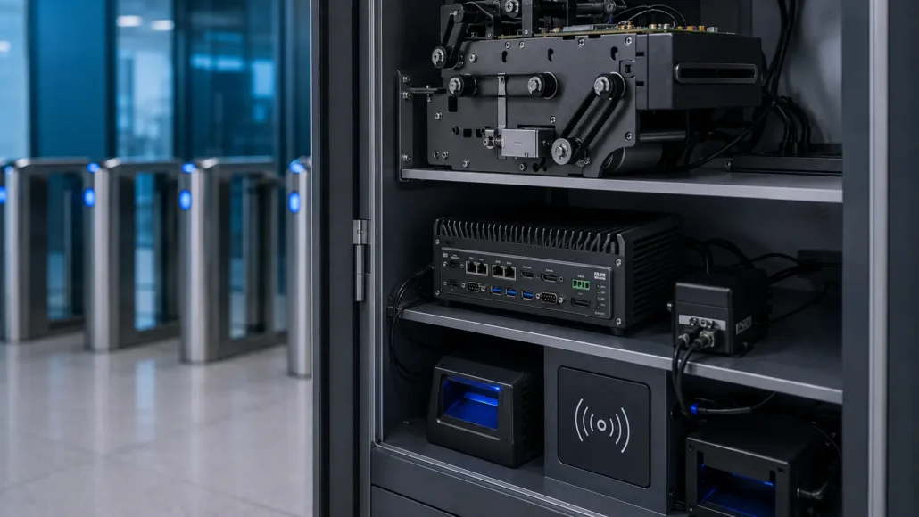 Fanless industrial mini PC controlling access control kiosk hardware and credential management software
