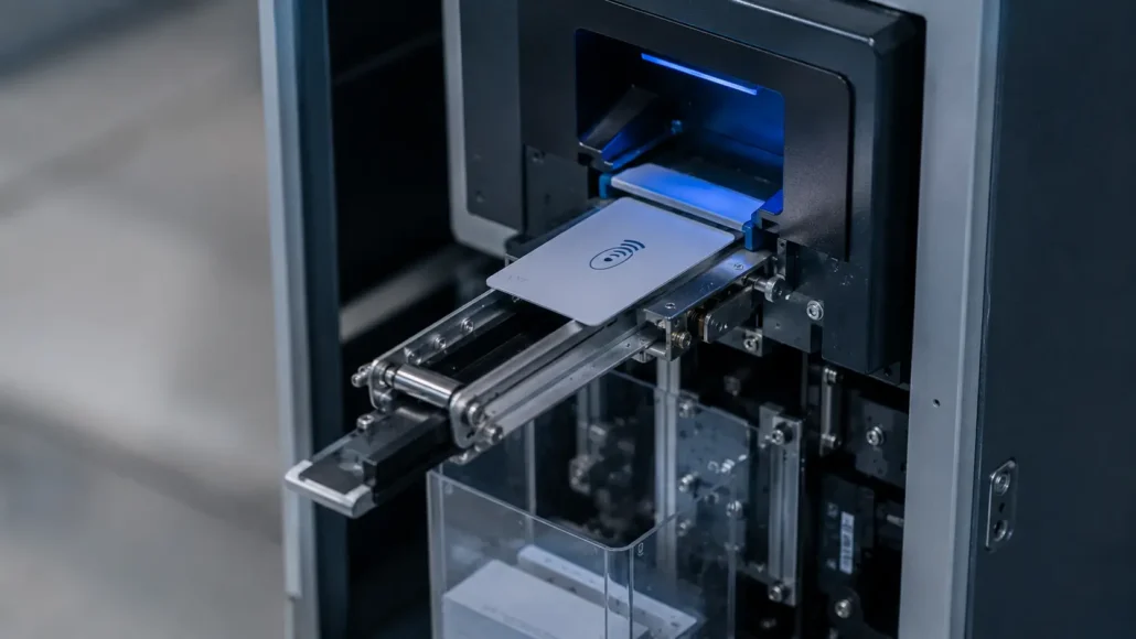 Access control kiosk retracting an uncollected RFID card into secure storage