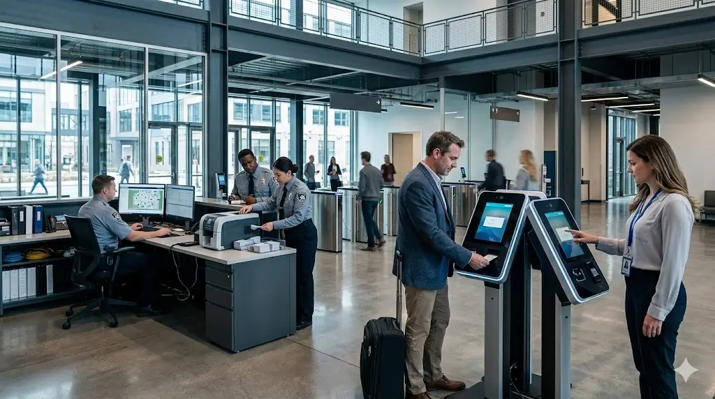Large-scale access control deployment with visitor credentials RFID cards and self-service kiosks in operation