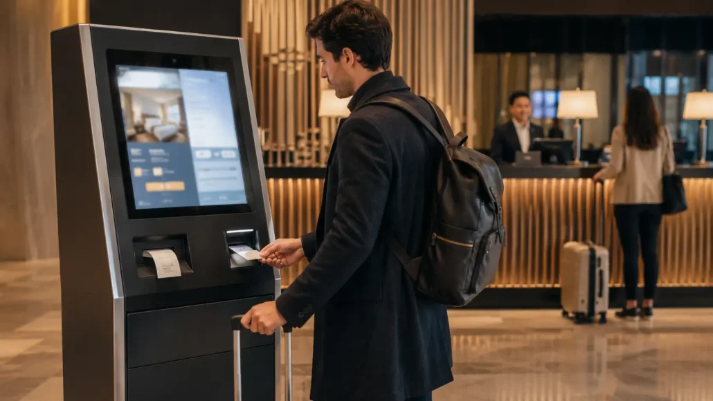 Hotel guest using a self-service check-in kiosk with card dispenser and receipt printer
