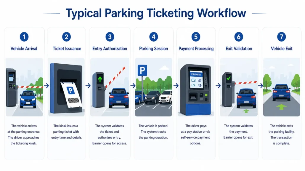 Typical workflow of an automated parking ticketing system using kiosk printers