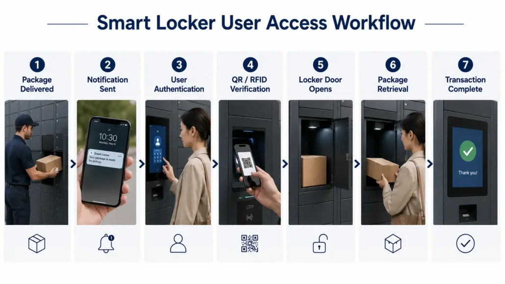 Workflow of a smart locker system using QR code or RFID access verification