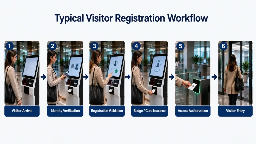 Workflow of visitor registration system including verification and access card issuance