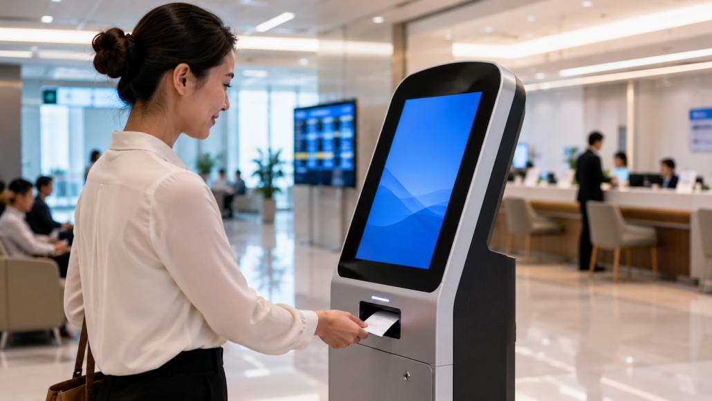 Customer obtaining a queue ticket from a self-service queue management kiosk
