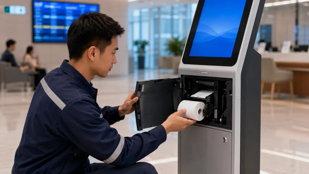 Technician servicing ticket printer inside queue management kiosk through front access design