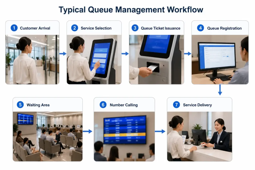 Workflow of a queue management system from ticket issuance to service delivery