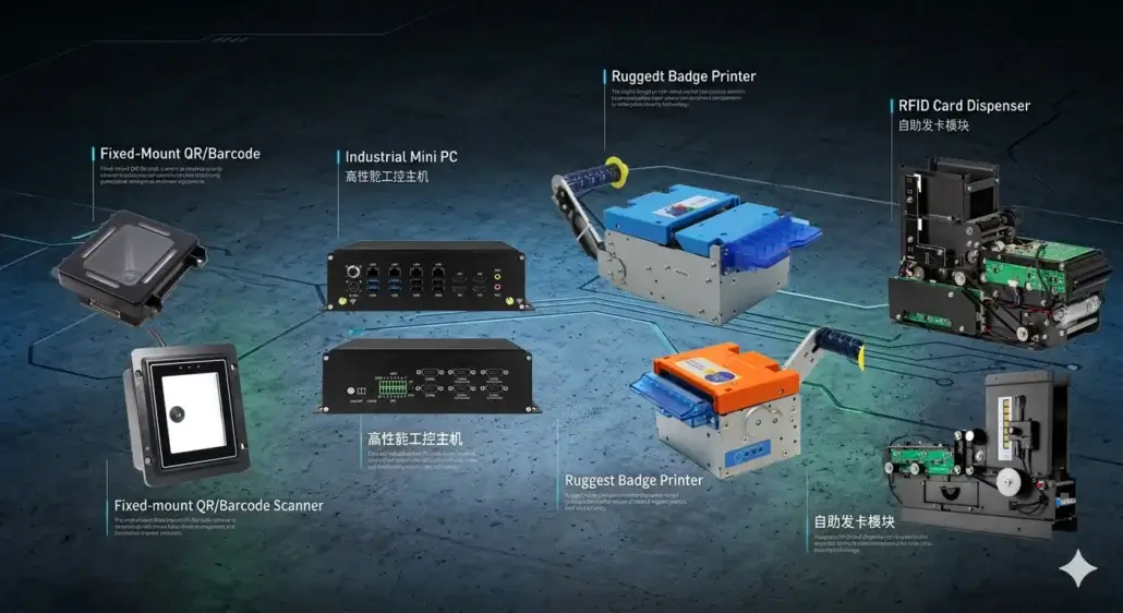 Engineer reviewing visitor management kiosk hardware selection including scanner badge printer card dispenser and industrial PC