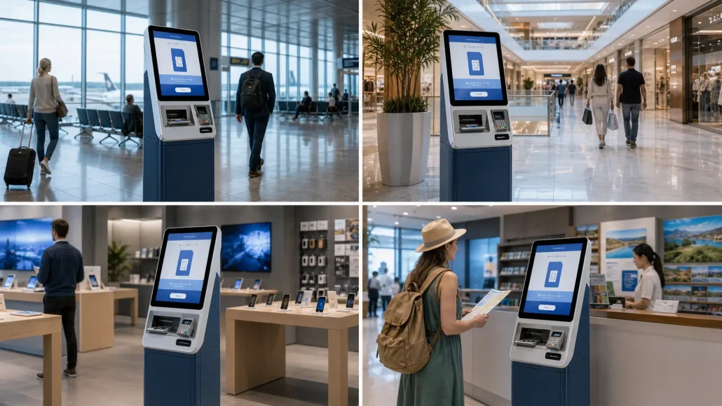 multiple telecom SIM card dispensing kiosk deployment scenarios